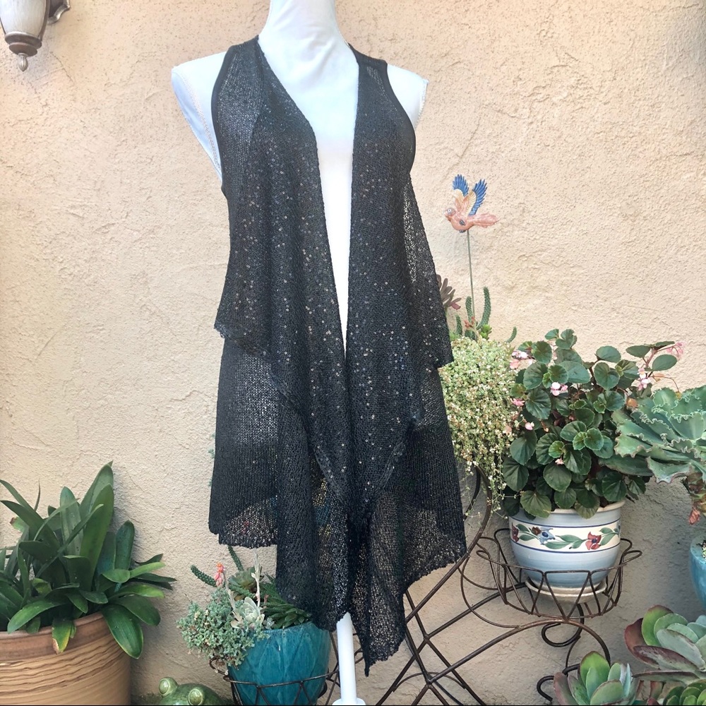Soft Surroundings Black Open-Front Sparkle Knit Vest M